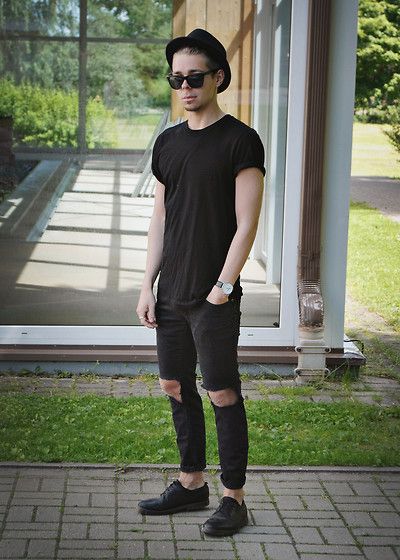 Calça jeans 2024 destroyed masculina preta